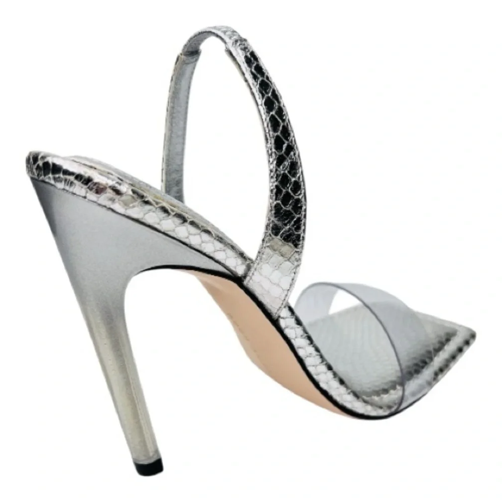 Good American Silver Snake Skin & Lucite Square Toe Slingback Stiletto Heels